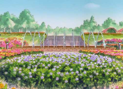 Gaea, Vision of Escaflowne, garden scene with a fountains and flowers