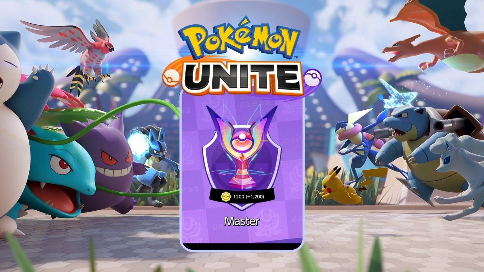 pokemon unite master rank with pokemon in background