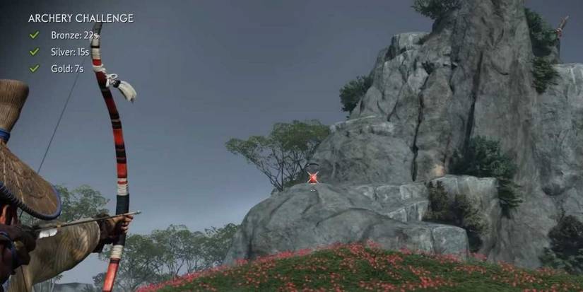 Ghost of Tsushima Jin takes aim with his bow at a paper lantern