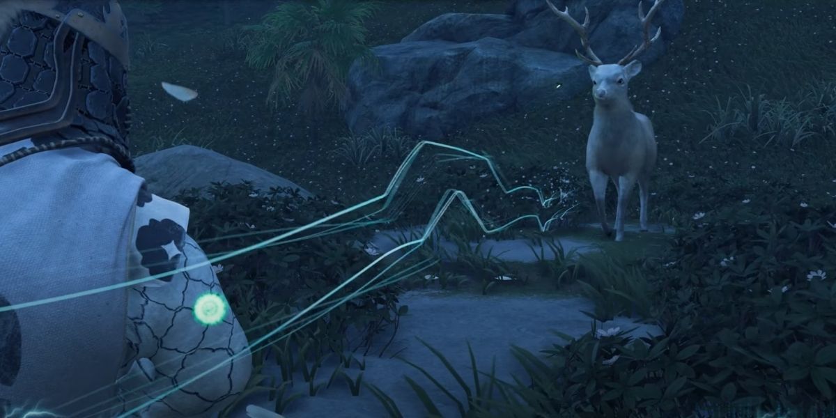 Ghost of Tsushima Jin playing flute for deer