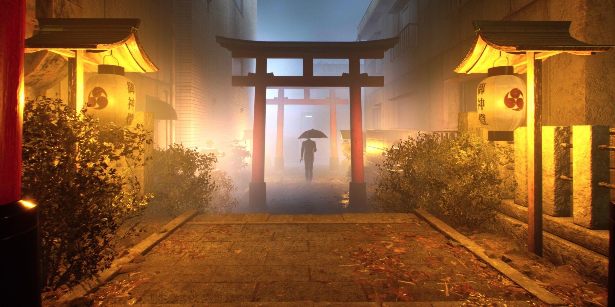 ghostwire tokyo, a ghost standing under a gateway in tokyo