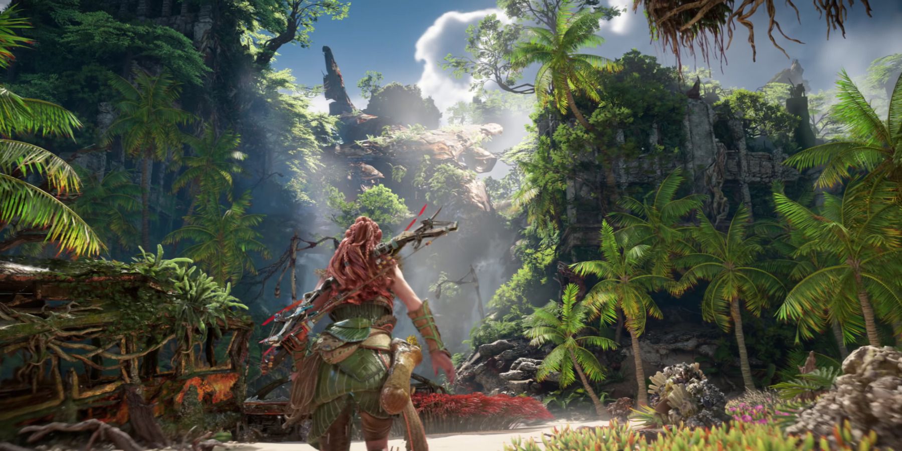 Aloy looking at tropical ruins in Horizon: Forbidden West