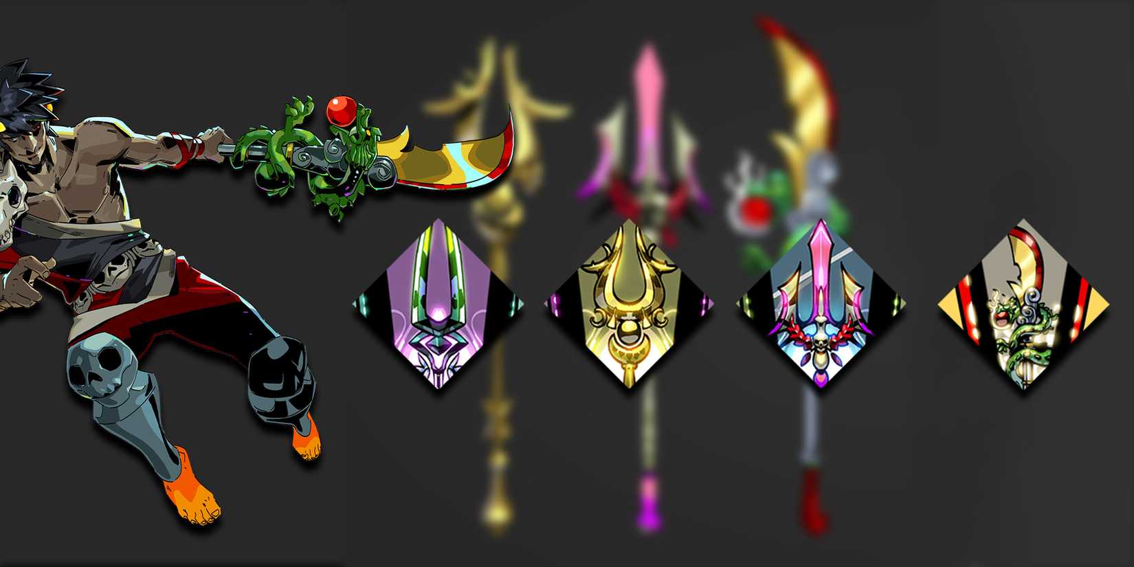 Hades - PNG Of Zagreus Using The Varatha Spear Overlaid On Blurred Image Of Paige Carters Models Of The Spears With The Aspect Icons Overlaid On Top