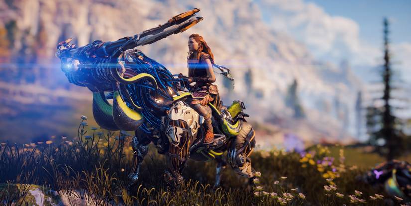 Aloy riding a Broadhead in Horizon Zero Dawn