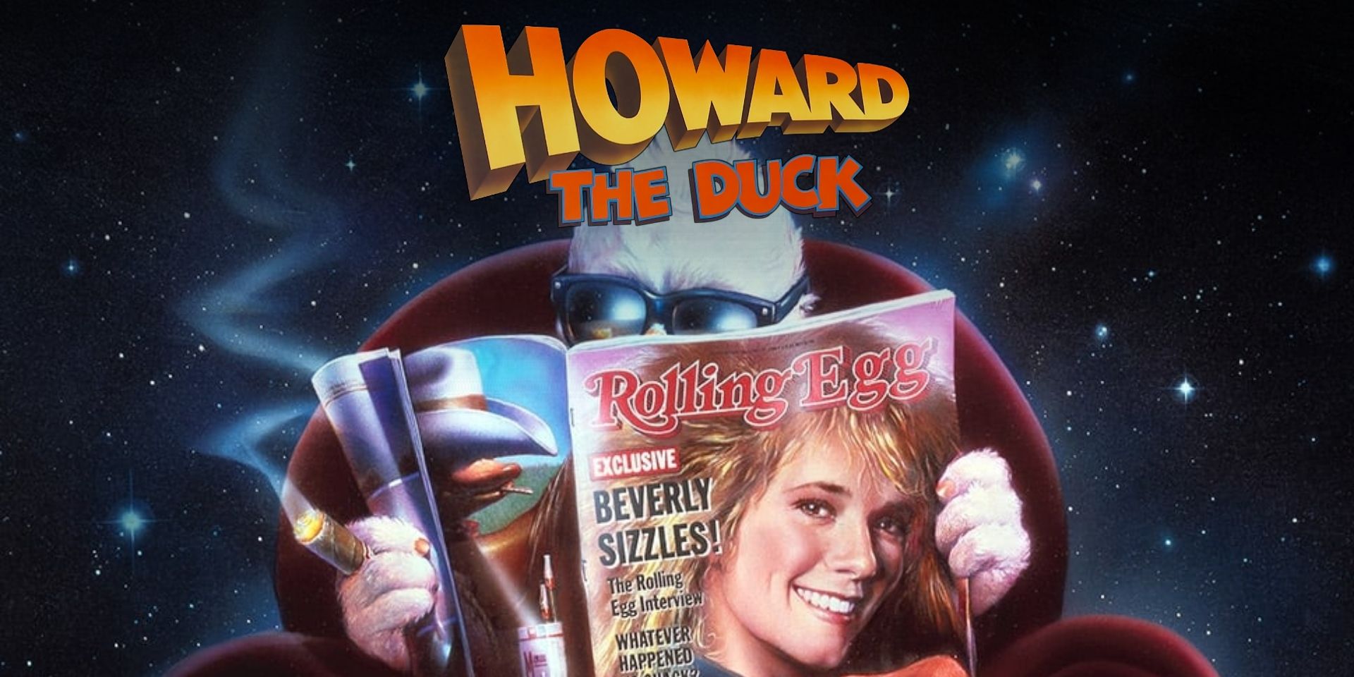 Howard sitting in his chair, smoking a cigar, and reading an issue of 'Rolling Egg' with Beverly Switzler on the cover in 'Howard The Duck'