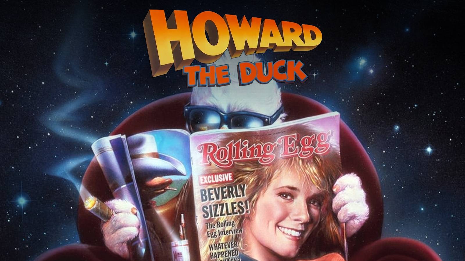 Howard sitting in his chair, smoking a cigar, and reading an issue of 'Rolling Egg' with Beverly Switzler on the cover in 'Howard The Duck'