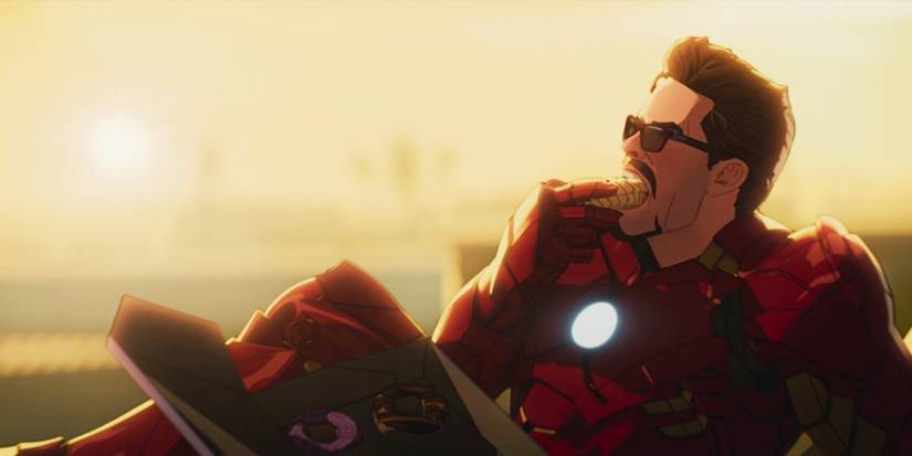 Iron Man Tony Stark eating donuts at sunset What If...?