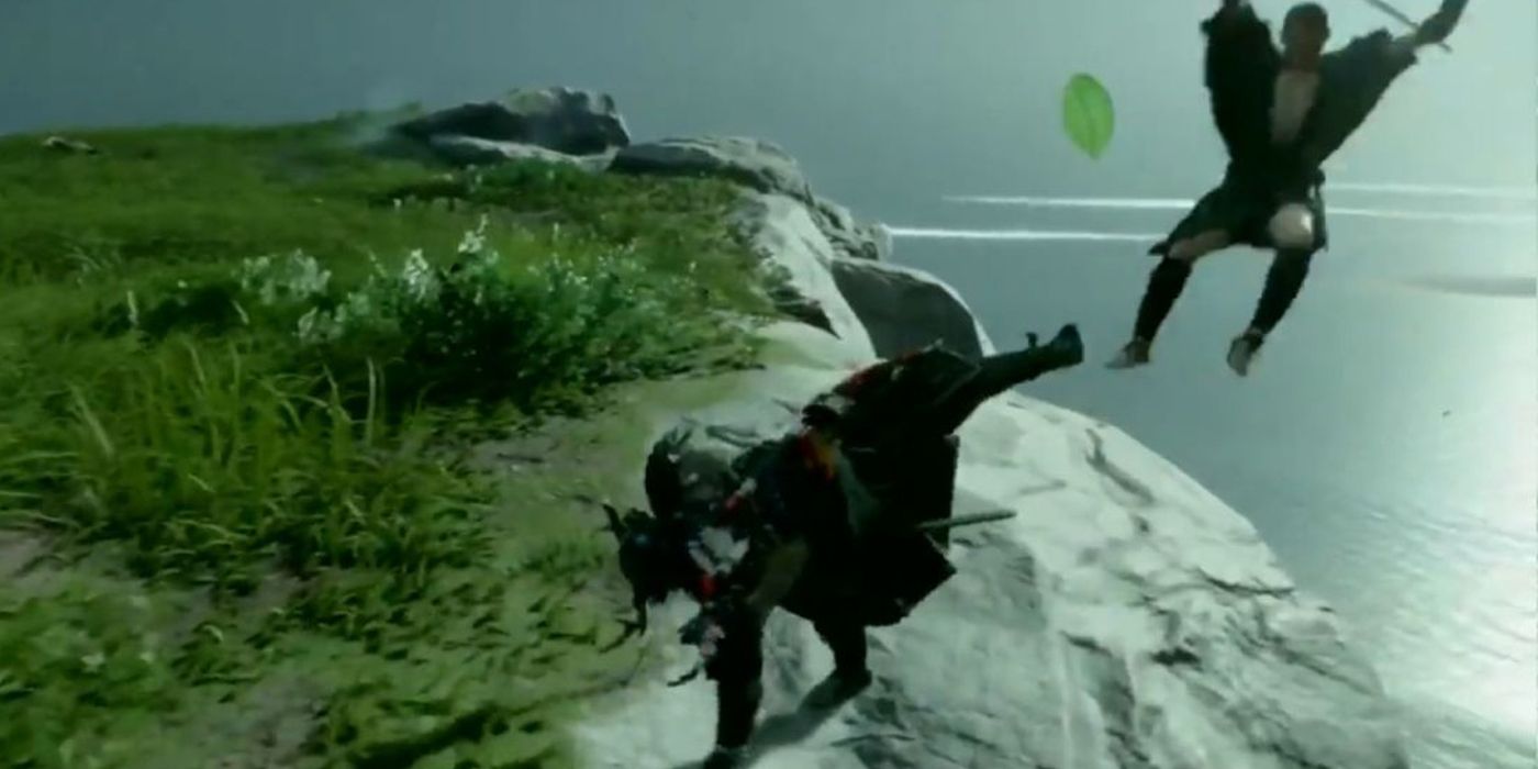 Jin kicking an enemy off the cliff