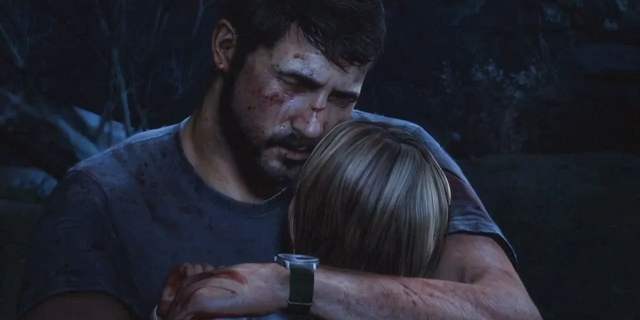 Joel hugging his daughter in The Last of Us
