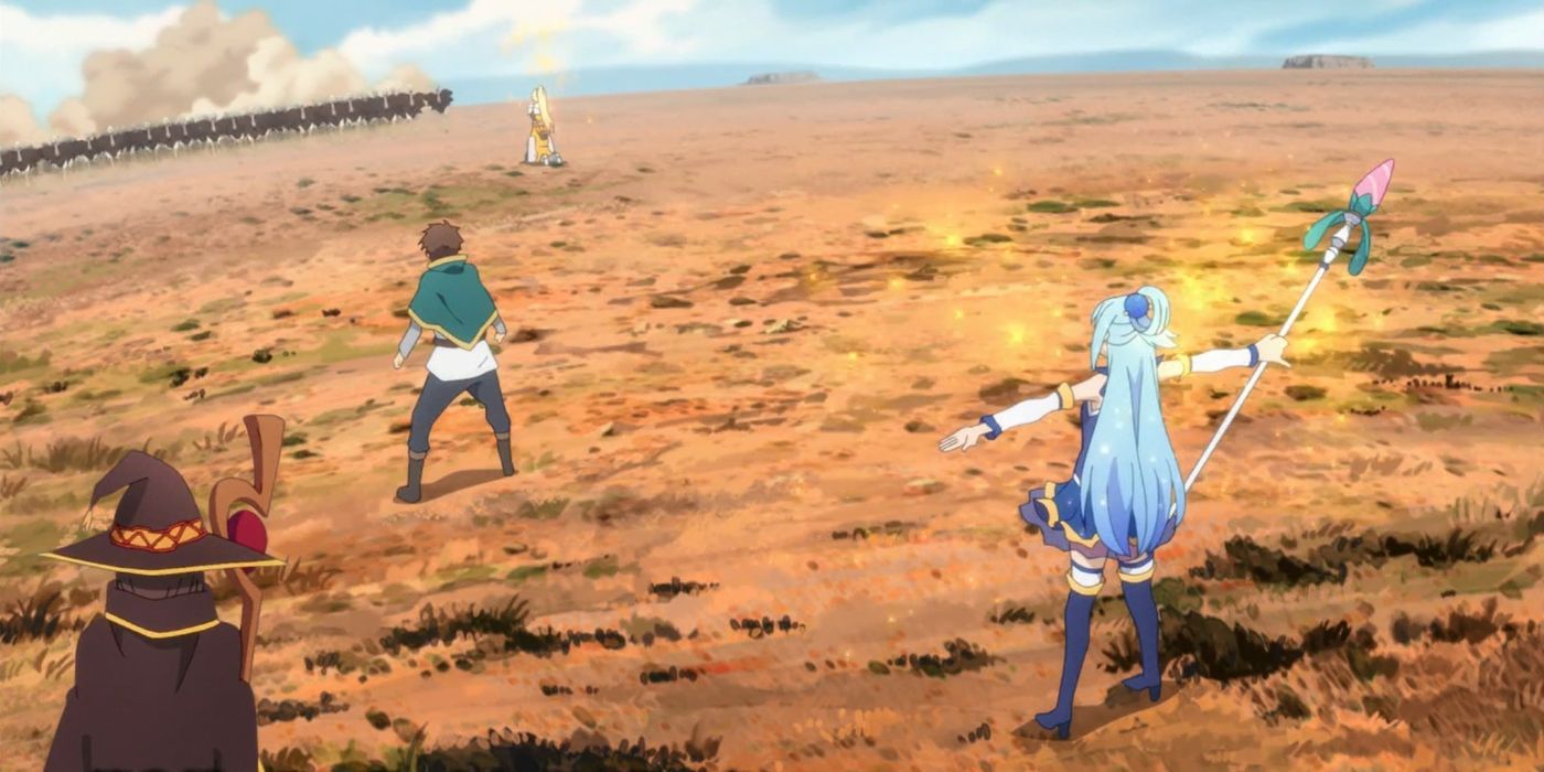 Konosuba the party stands before ostriches