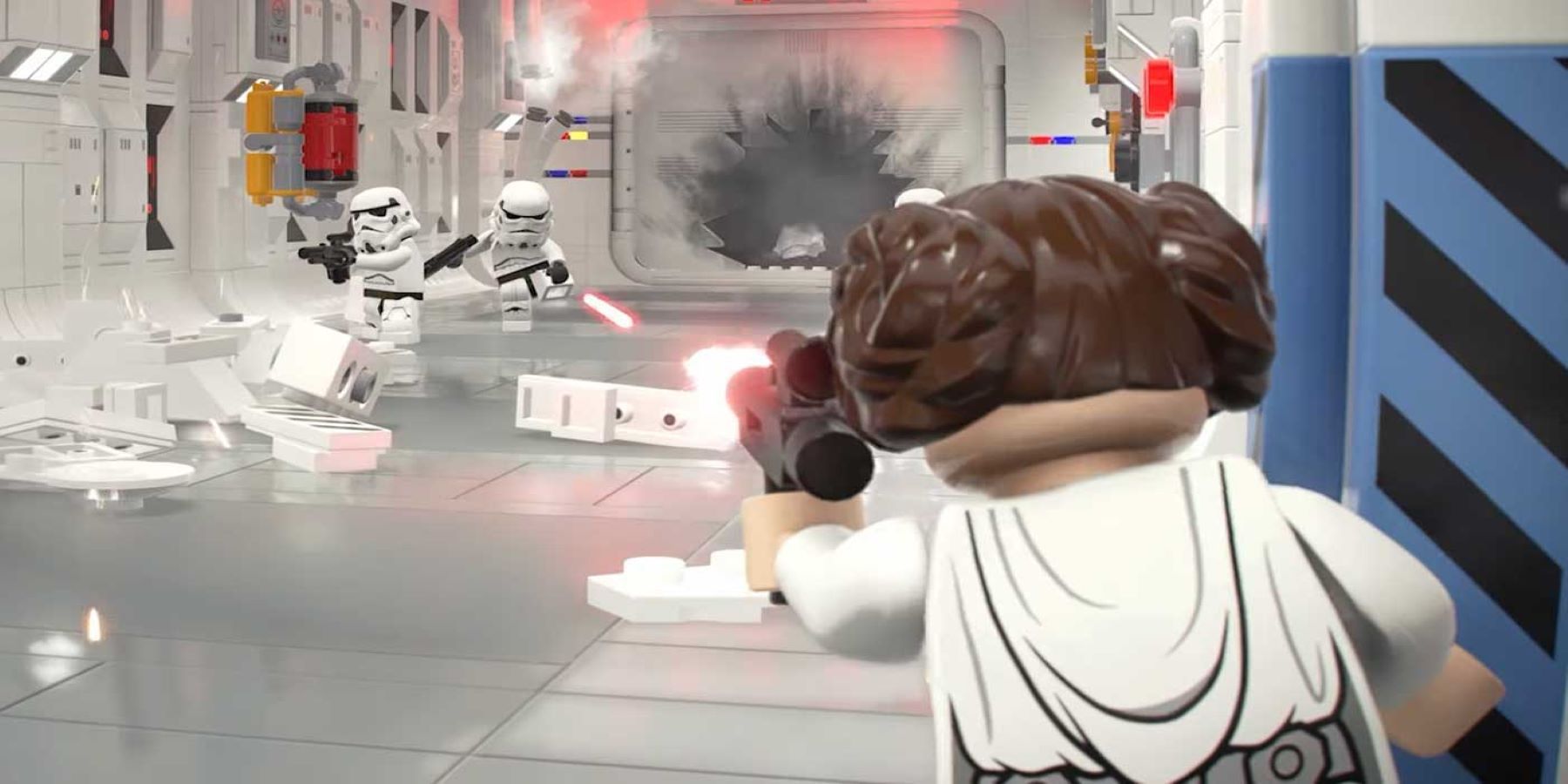 Princess Leia shooting at Stormtroopers in LEGO Star Wars: The Skywalker Saga