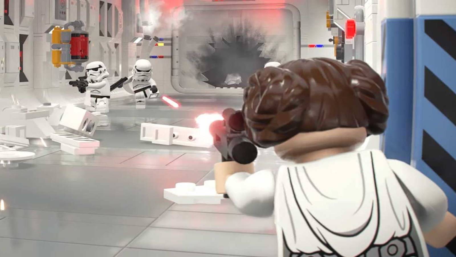 Princess Leia shooting at Stormtroopers in LEGO Star Wars: The Skywalker Saga