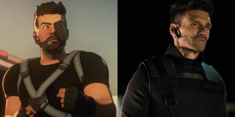 A split image depicts Brock Rumlow AKA Crossbones as he appears in live action and animation in the MCU