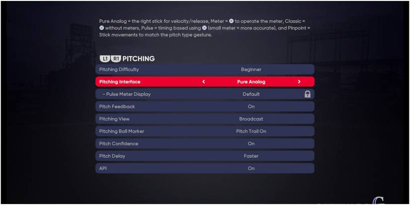 MLB The Show 21 Selecting The Pure Analog Pitching Option