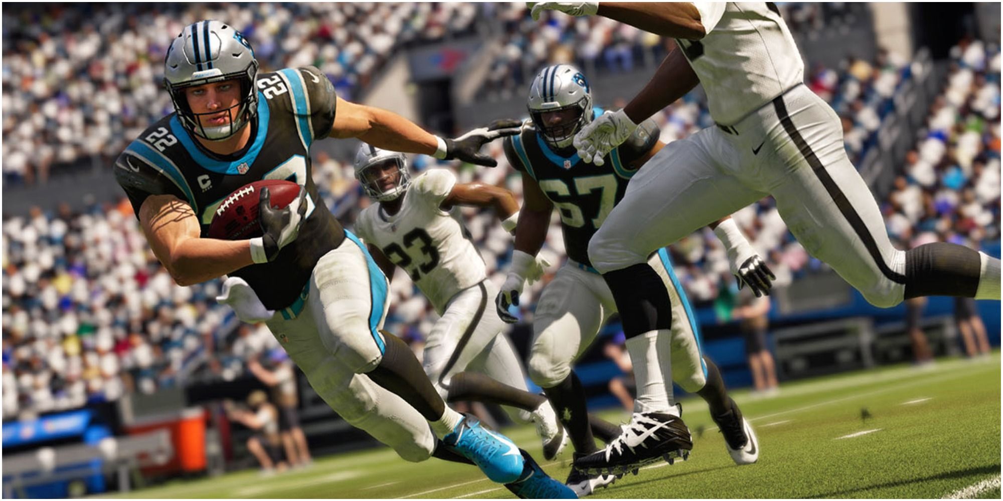 Madden NFL 22 Christian McCaffrey Cutting Away From A Raiders Defender