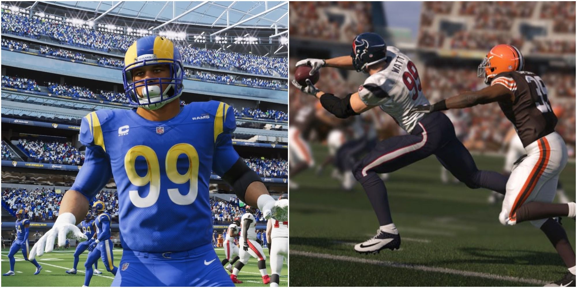 Madden NFL 22 Top Rated DLs Collage JJ Watt And Aaron Donald
