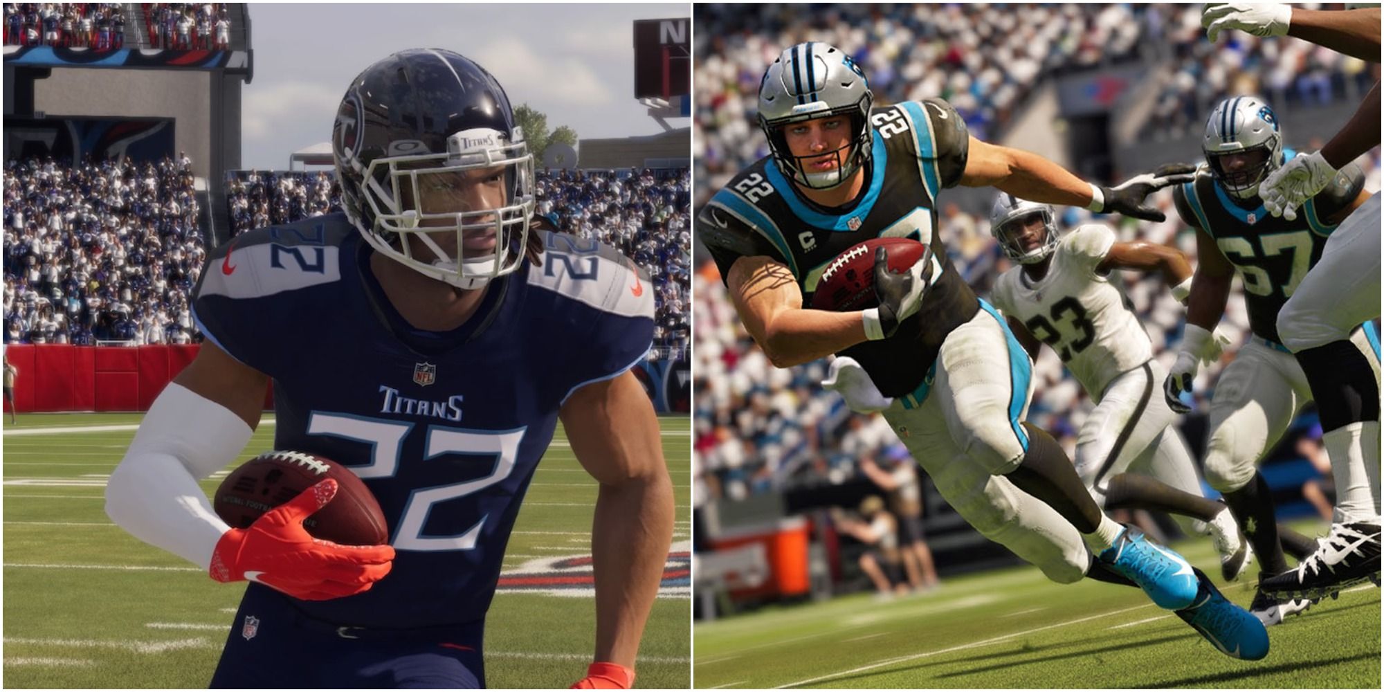 Madden NFL 22 Top Rated Running Backs Collage Derrick Henry And Christian McCaffrey