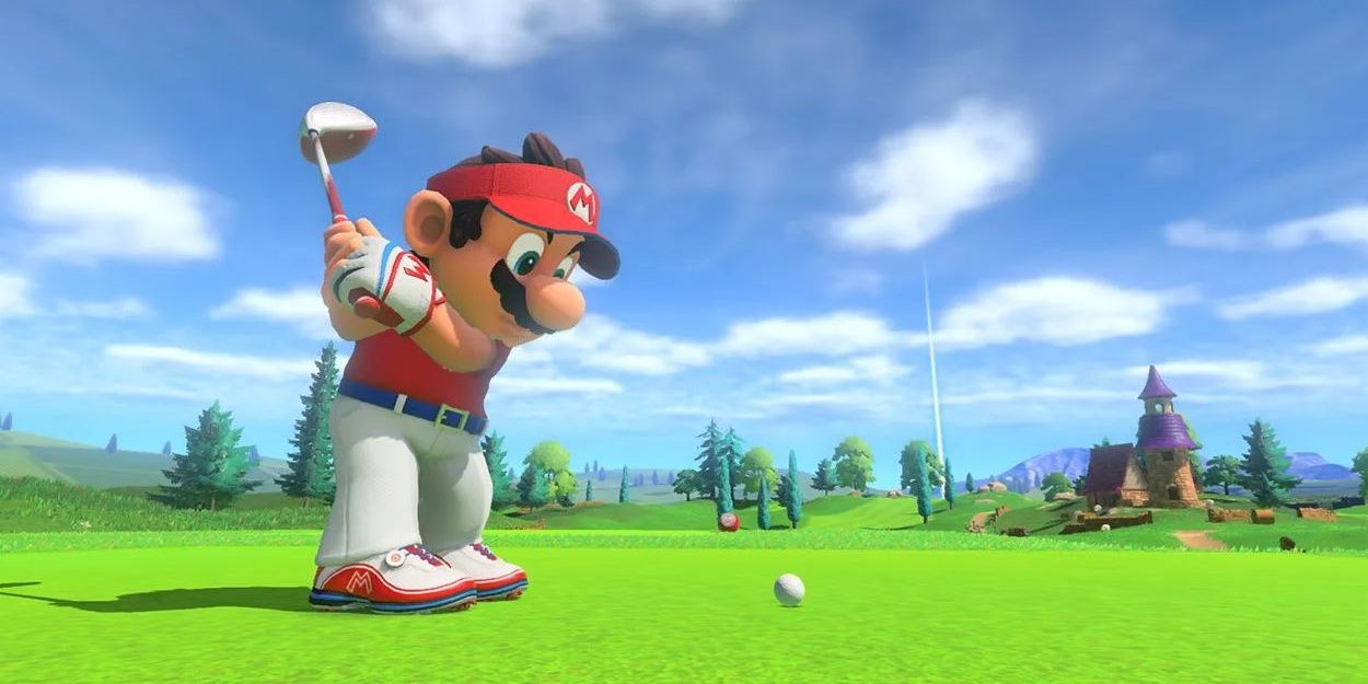 Mario hitting a golf ball in Mario Golf Super Rush