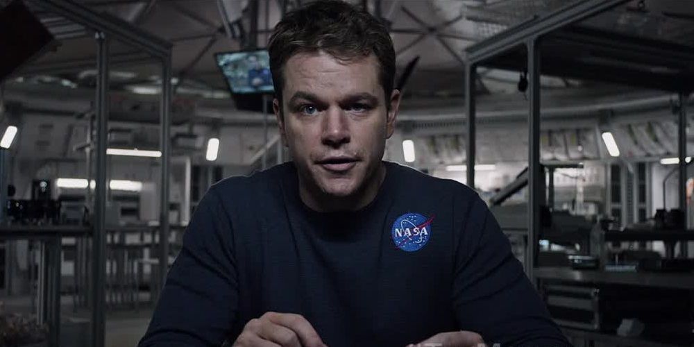 Matt Damon as Mark Watney recording a video log in The Martian