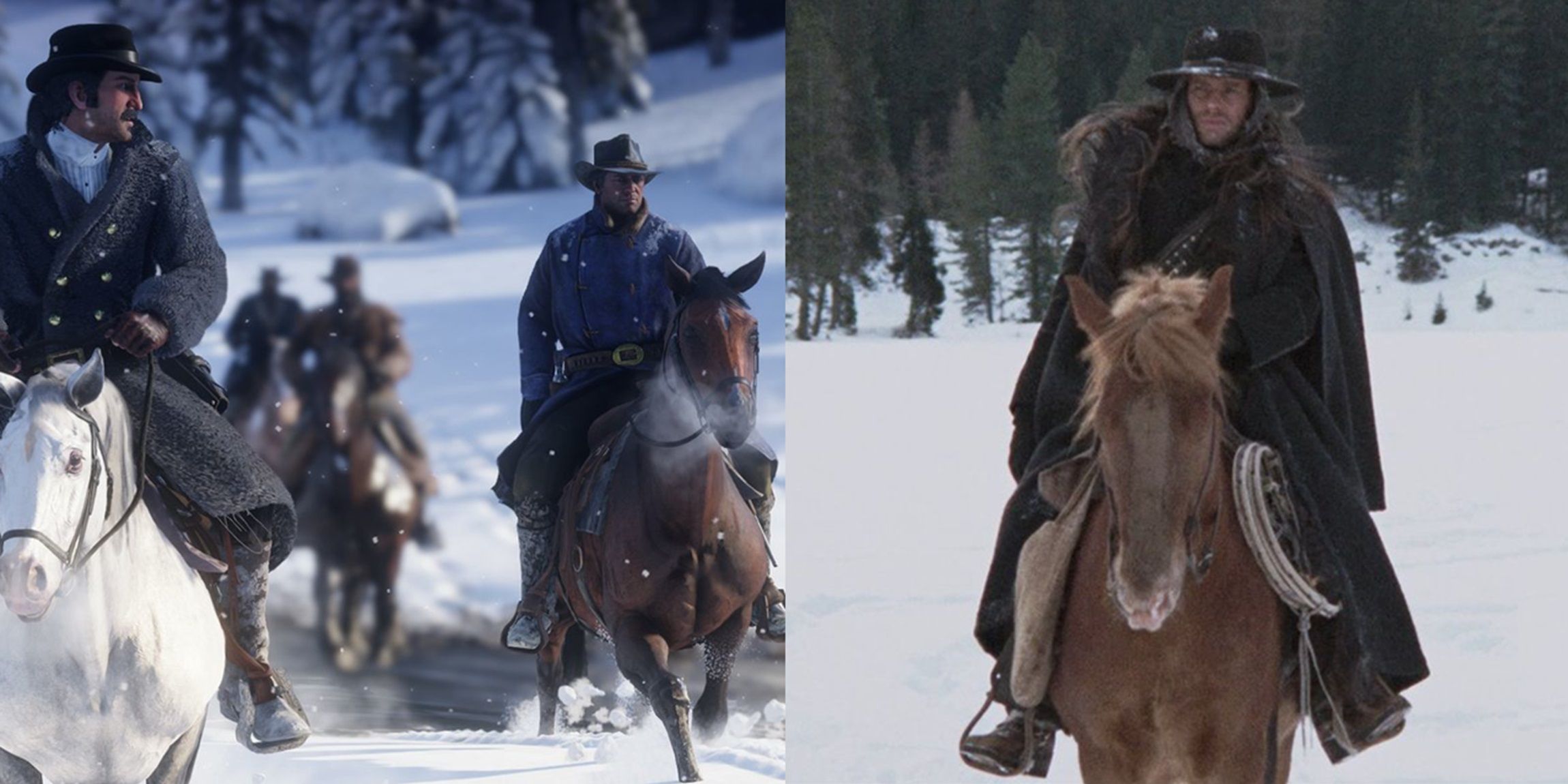 Men on horseback riding through the snow in Red Dead Redemption 2 and The Great Silence