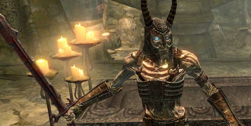 Mikrul Gaulurson holding the Gauldur Blackblade in Skyrim