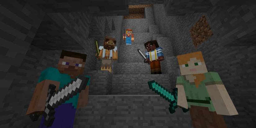 Five players in a cave in Minecraft