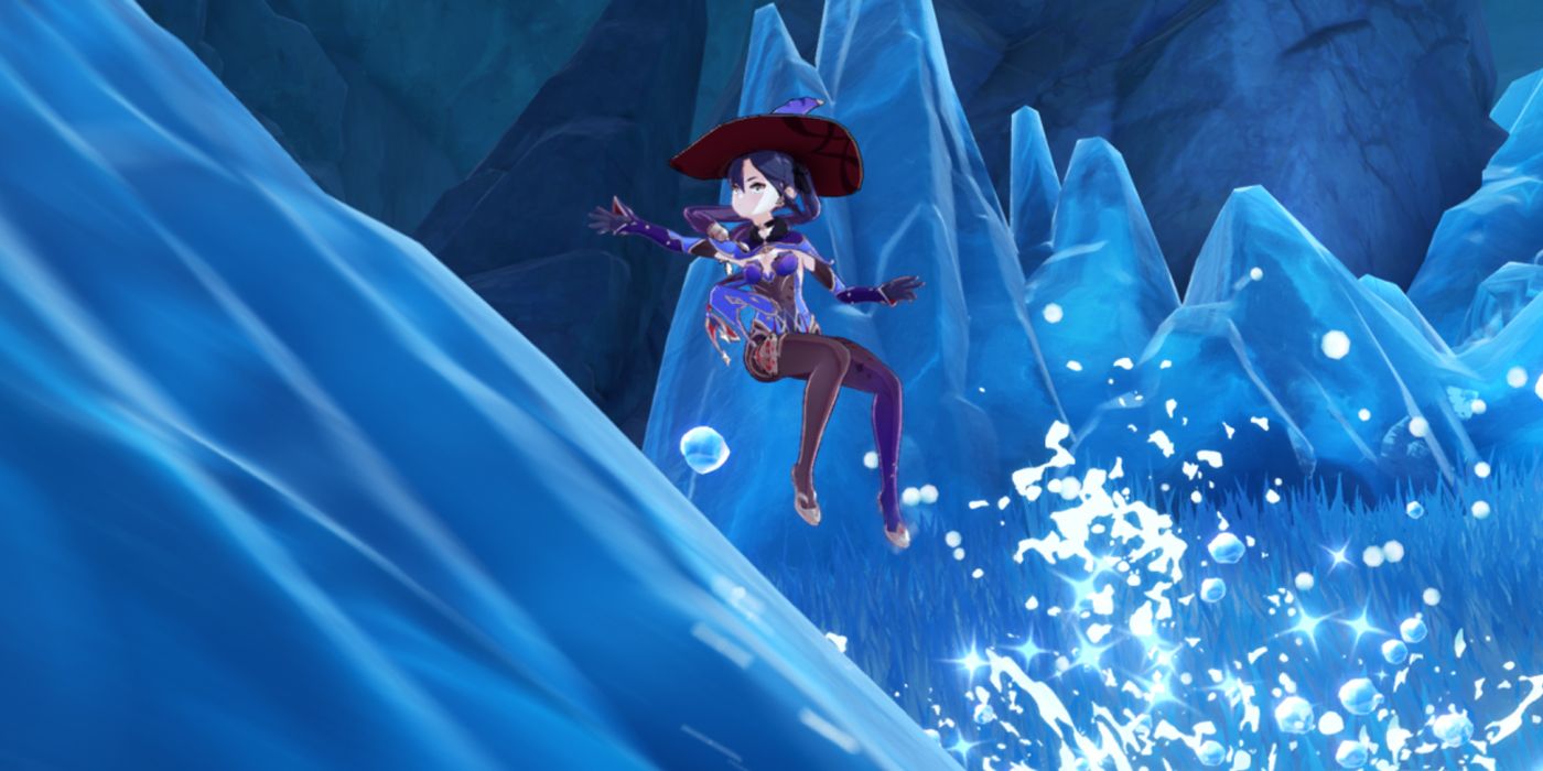 Genshin Impact Мона, прыгающая по льду