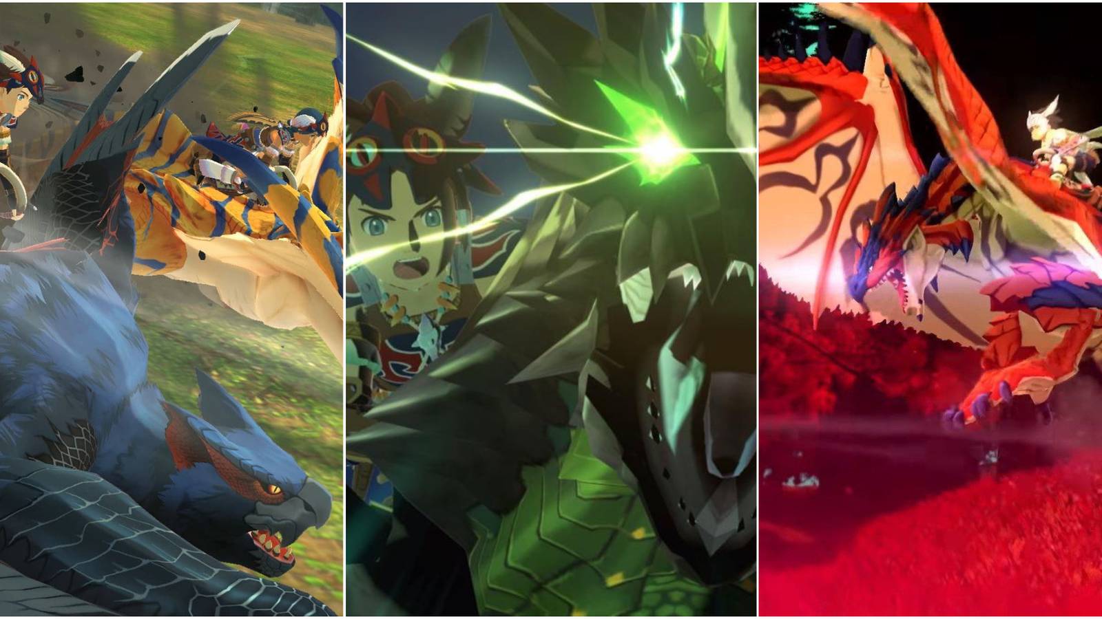 Monster Hunter Stories 2 Characters With Their Respective Monsters Performing Different Riding Actions