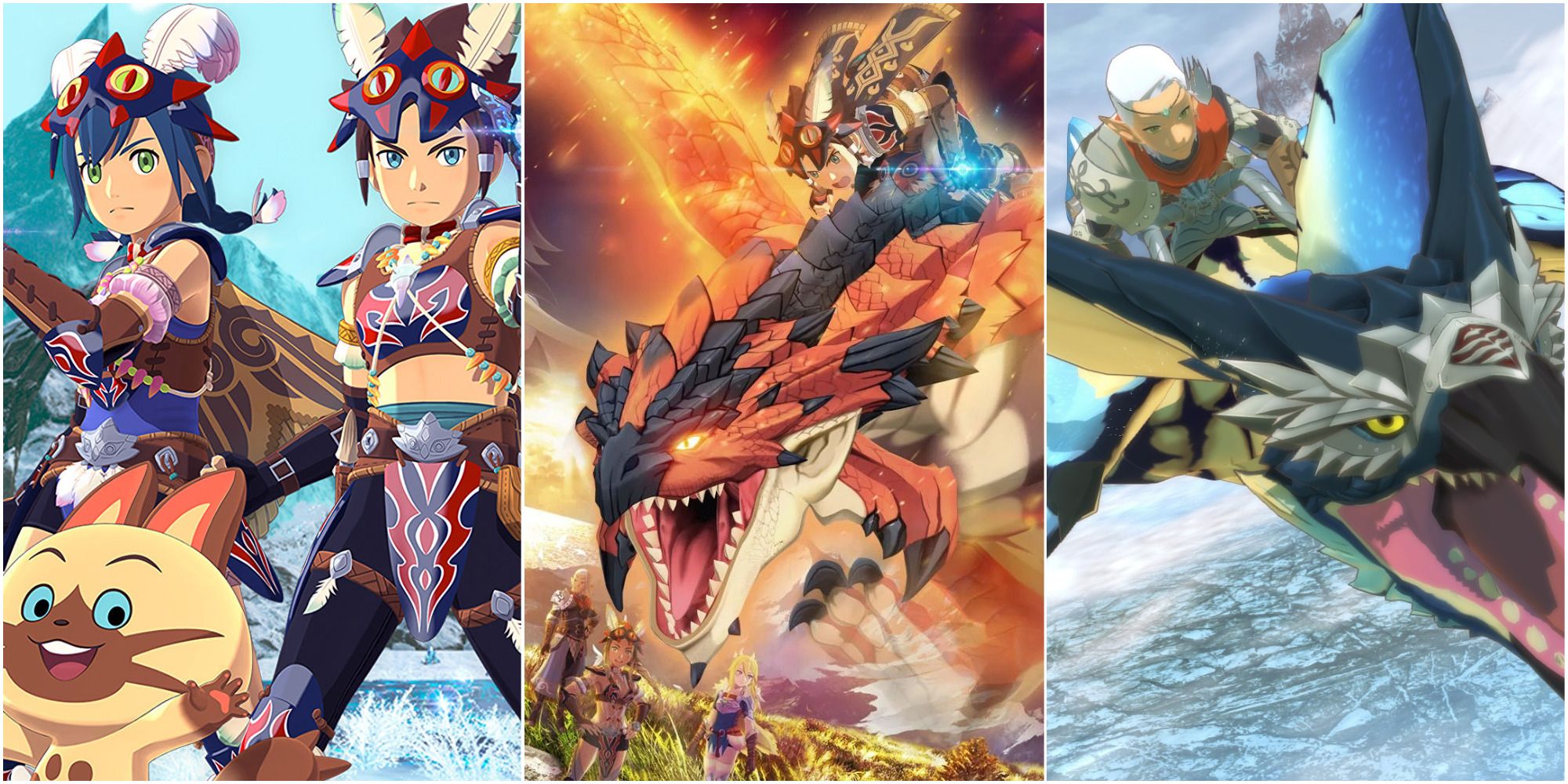 Split image Monster Hunter Stories 2 Characters With Monsties, Companions, And Monster Rider riding