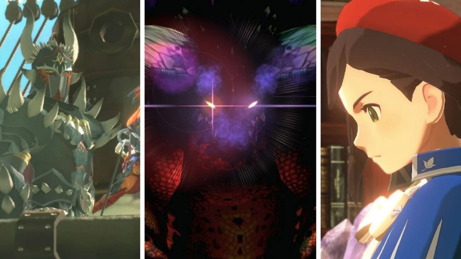 Monster Hunter Stories 2 Wings Of Ruin split image the villain, a menacing close up of an emerging monster and a close up of a thoughtful character