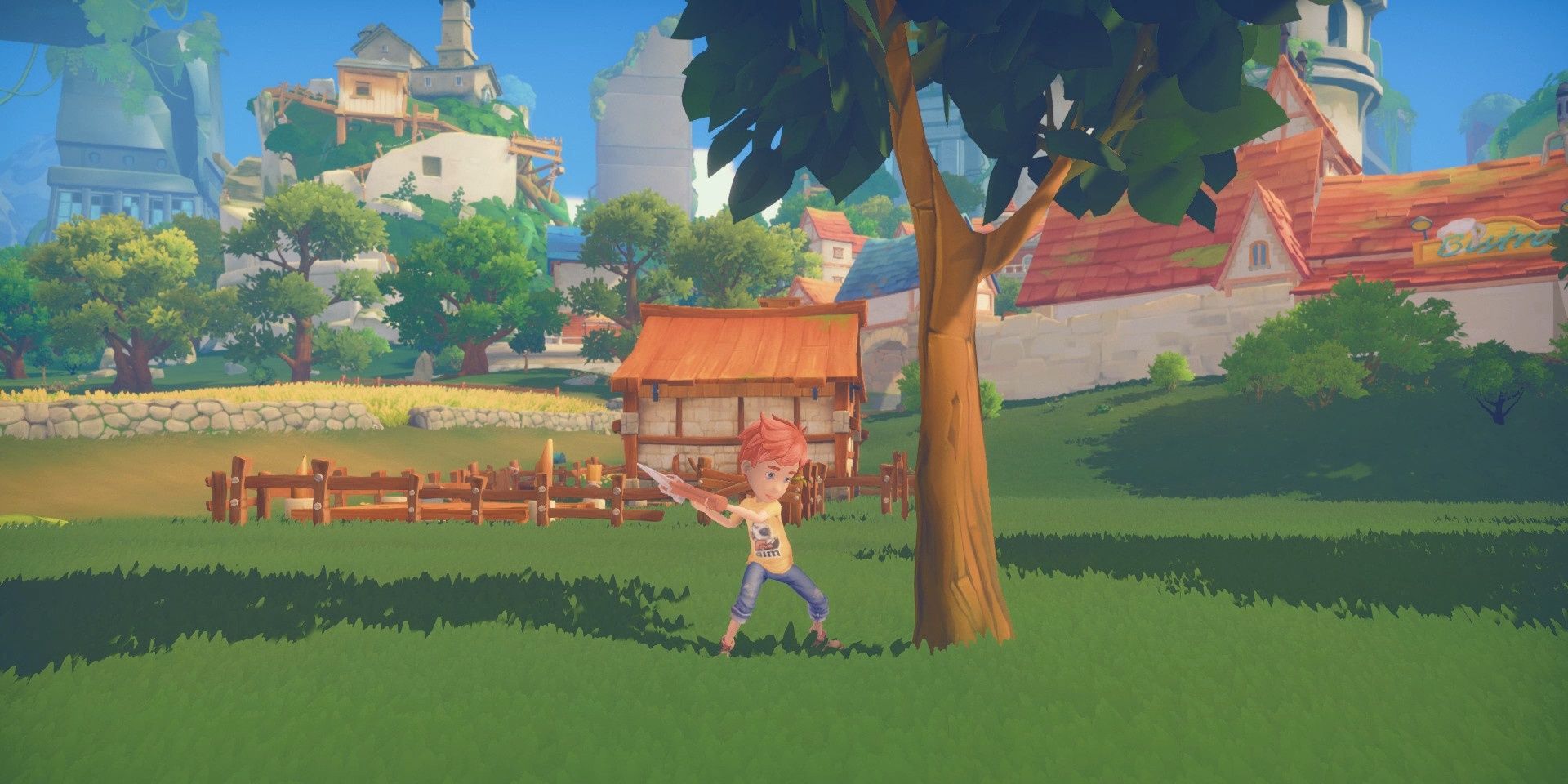 My Time At Portia avatar hacking at tree in farm village