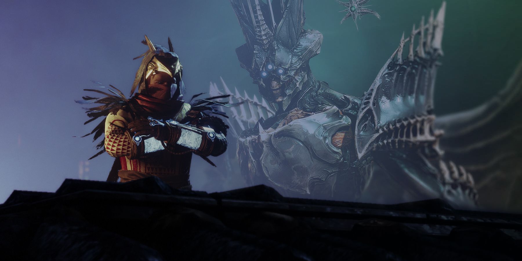 Чернокнижник Осирис из Destiny 2 на уступе с темной фигурой Королевы ведьм Улья, Саватун и ее призраком на заднем плане.