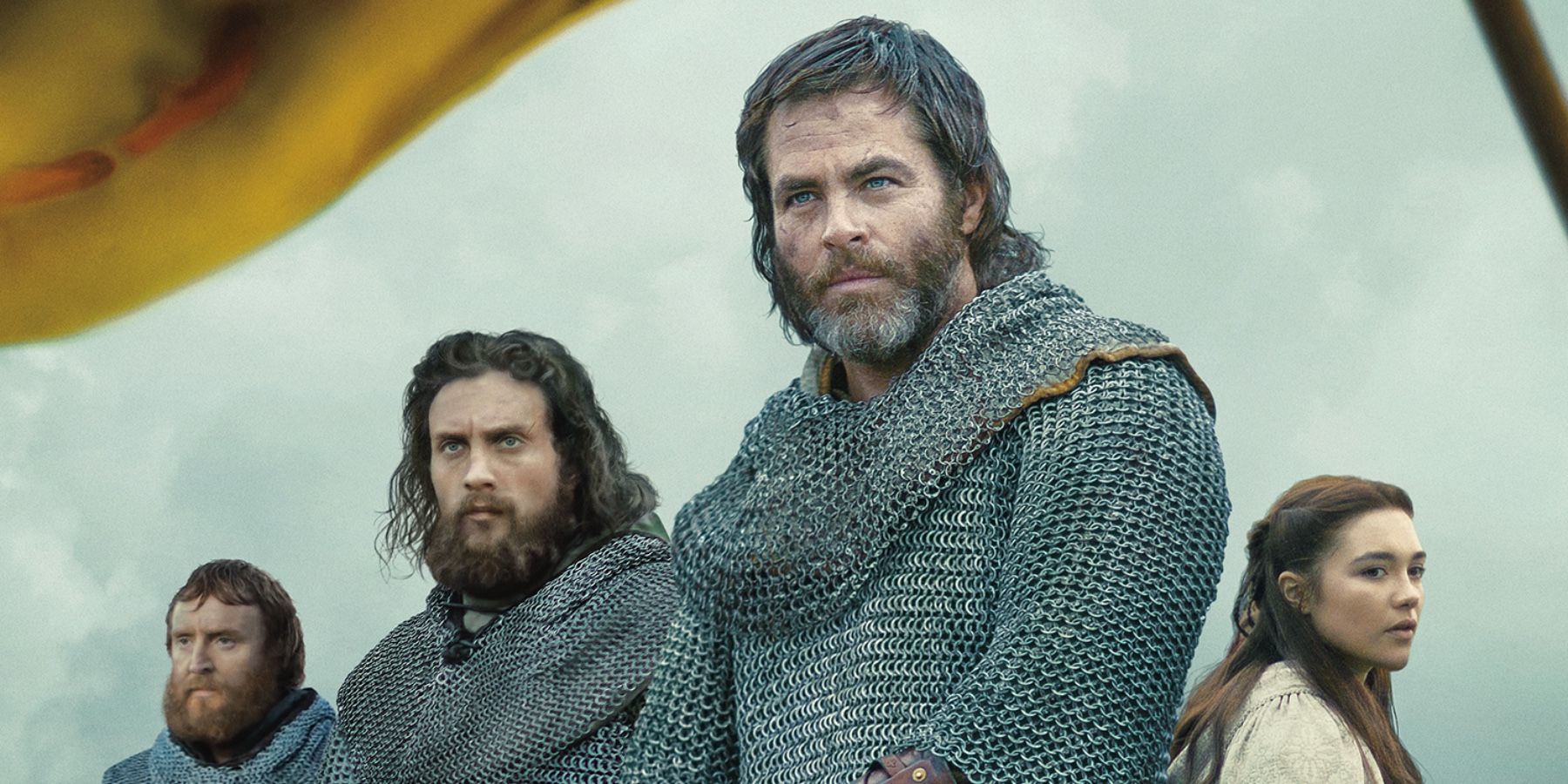 Tony Curran, Aaron Taylor-Johnson, Chris Pine, and Florence Pugh in Outlaw King