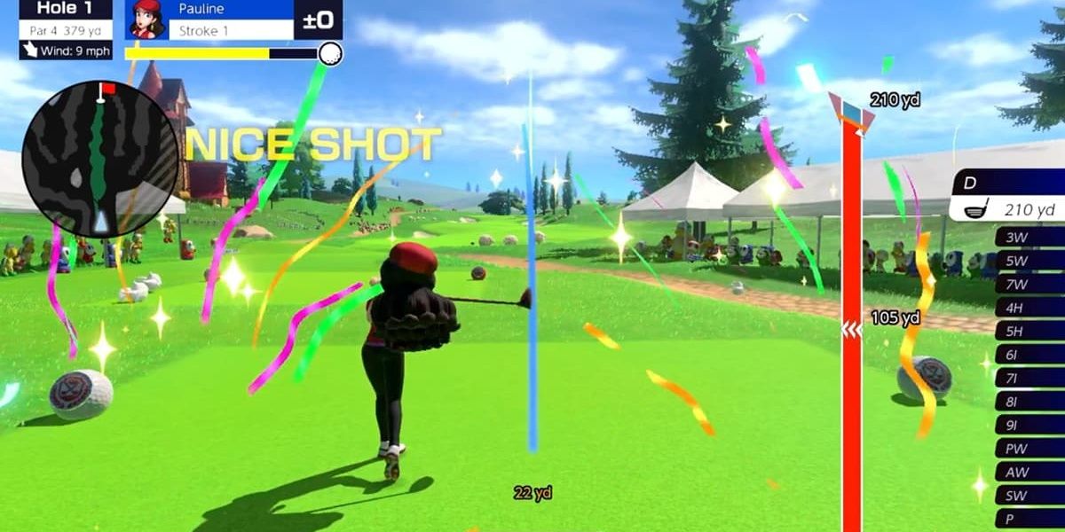 Pauline hitting a curved shot in Mario Golf Super Rush