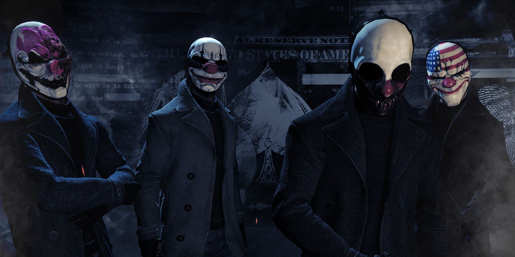 Payday 2 a group with clown masks standing