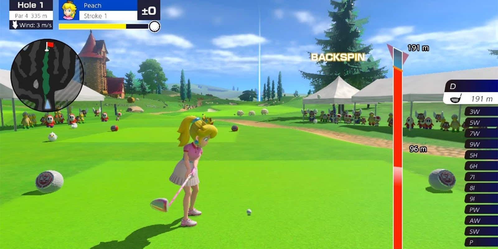 Peach hits a backspin shot in Mario Golf Super Rush