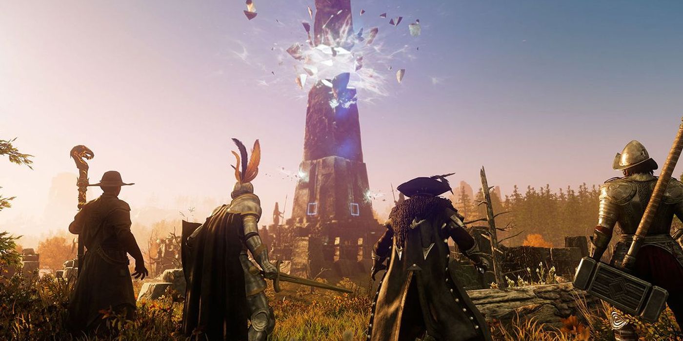 Players venturing into a tower in New World MMO