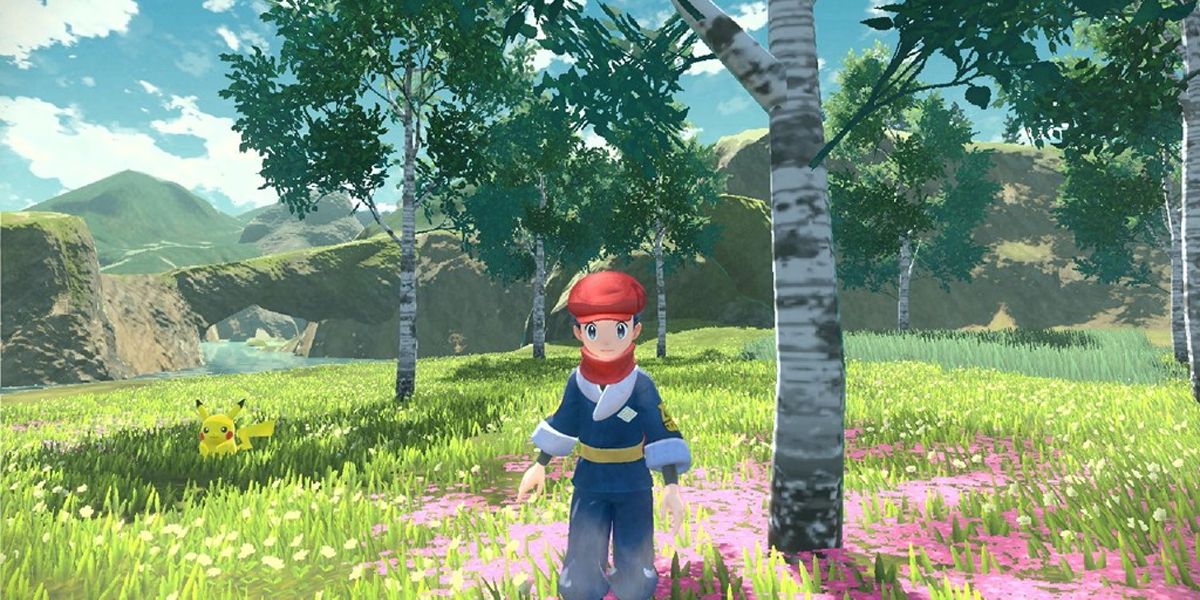 Pokemon Legends Arceus снимок игрока, стоящего рядом с Пикачу