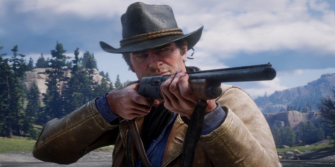 Red Dead Redemption 2 Arthur Morgan pointing a shotgun