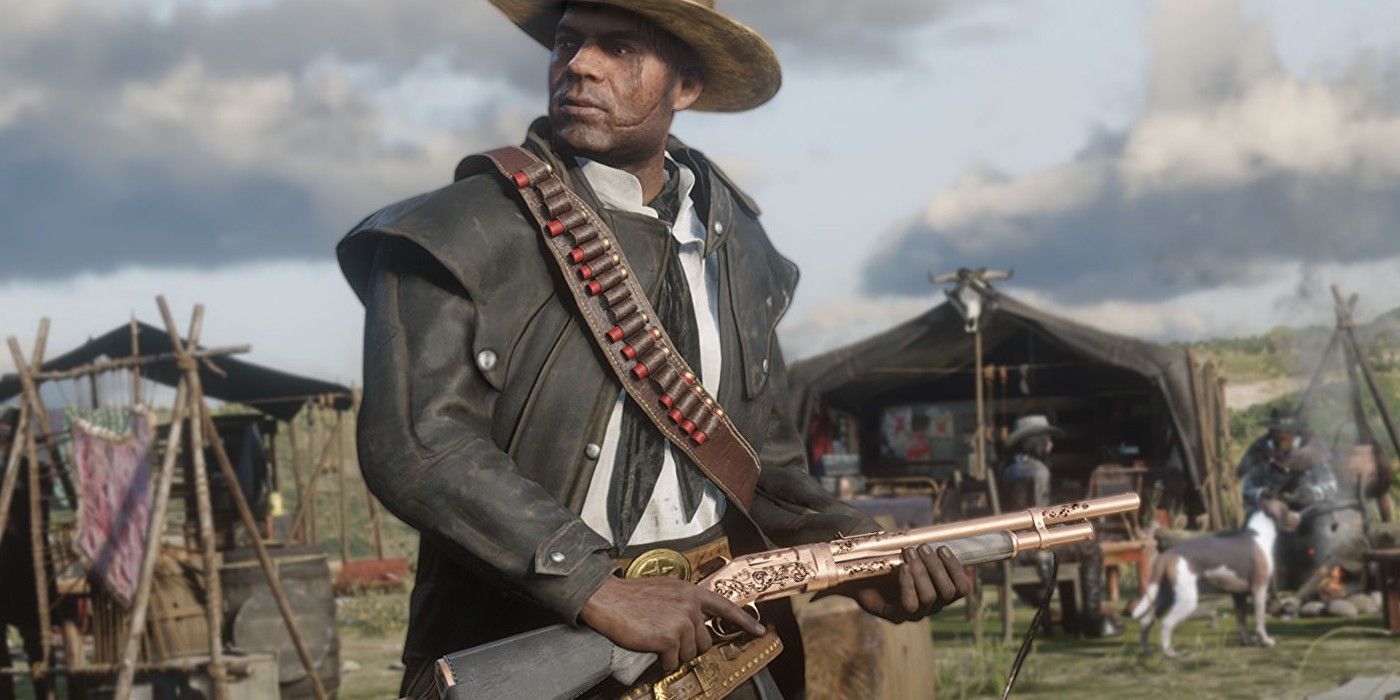 Red Dead Redemption 2 a character holding Pump Action Shotgun