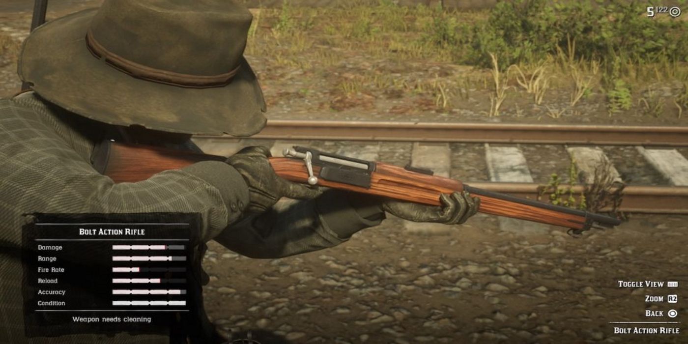 RDR2 Red Dead Online A Character Holding The Bolt Action Rifle With Stats 