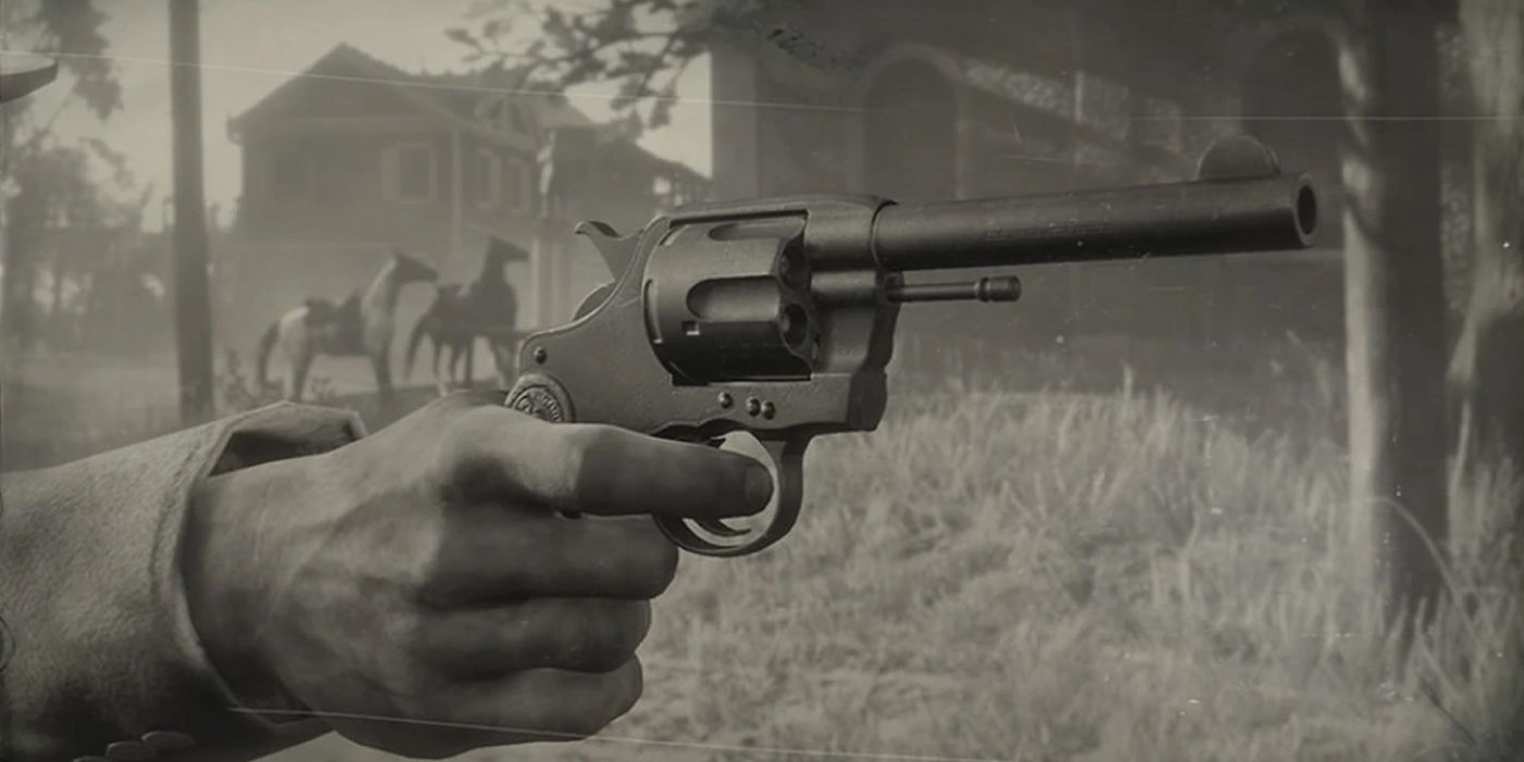 Red Dead Redemption 2 a closeup black and white photo of Double Action Revolver