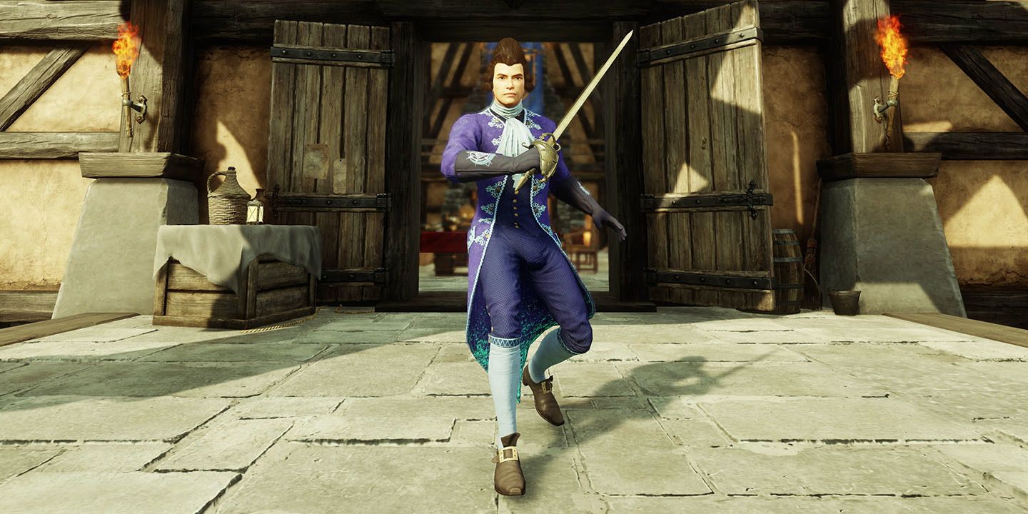 Screenshot New World MMO player holding a rapier