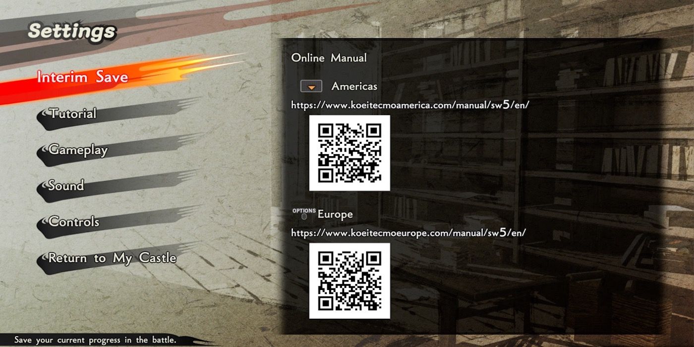 The settings menu from Samurai Warriors 5