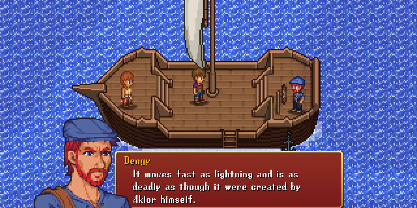 The boat captain tells a story while he carries the player on his boat