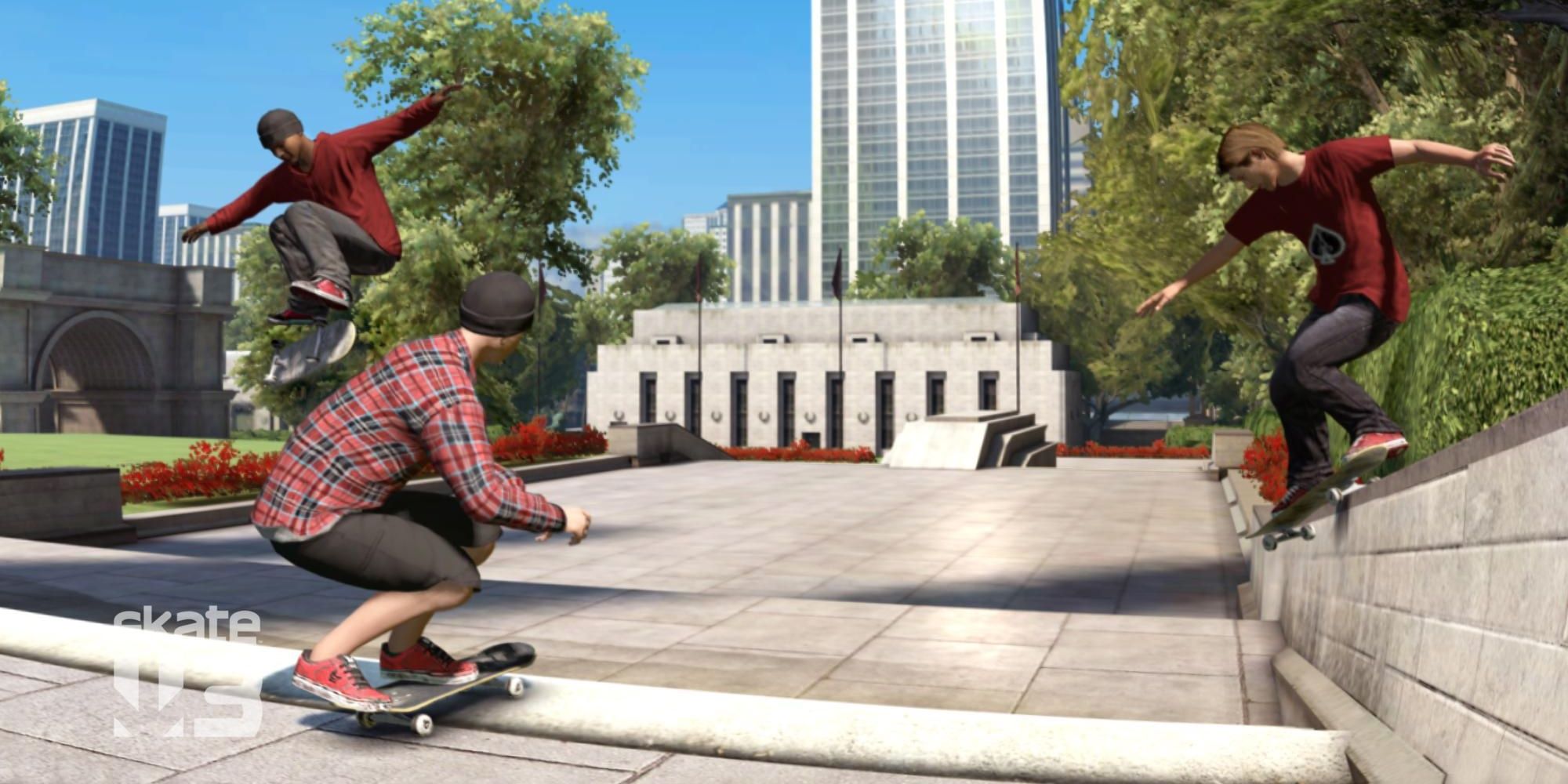 Skate 3, 3 guys doing jumps on a walkway