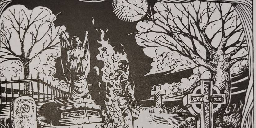A skeleton ablaze in graveyard Haunt in Wraith: The Oblivion tabletop