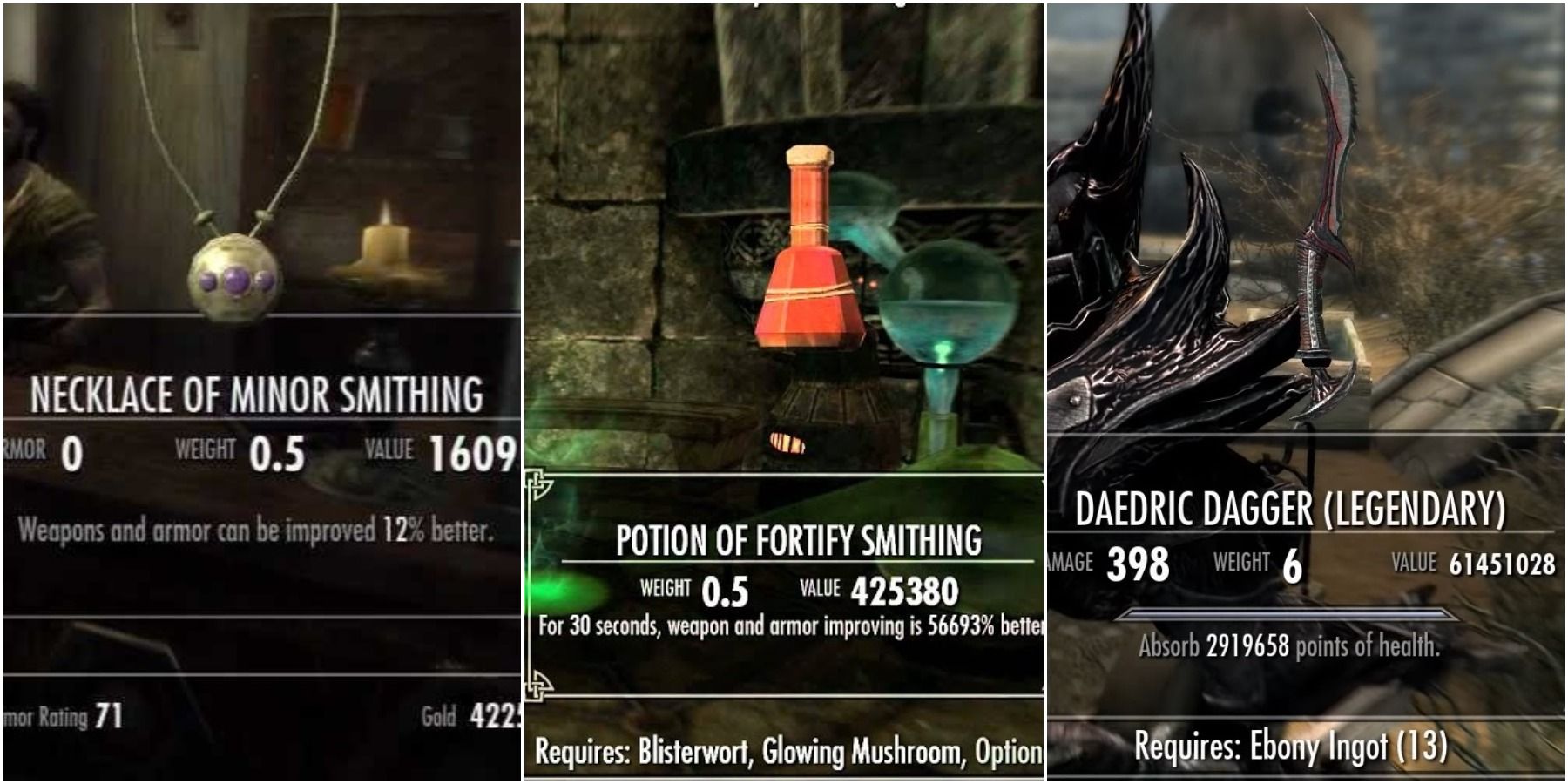 Skyrim Necklace Of Minor Smithing, Potion Of Fortify Smithing and Improved Weapon Damage Via Exploit