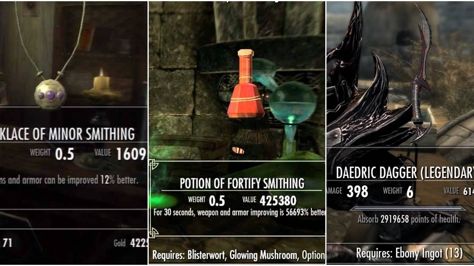 Skyrim Necklace Of Minor Smithing, Potion Of Fortify Smithing and Improved Weapon Damage Via Exploit