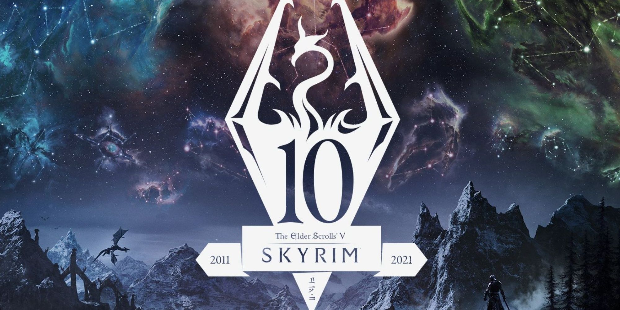 Skyrim anniversary logo, star filled sky in skyrim